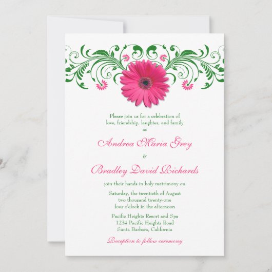 Pink Gerber Daisy Green Floral Wedding Einladung (Vorderseite)