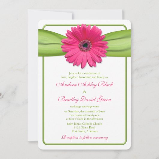 Pink Gerber Daisy Green Ribbon Wedding Einladung (Vorderseite)