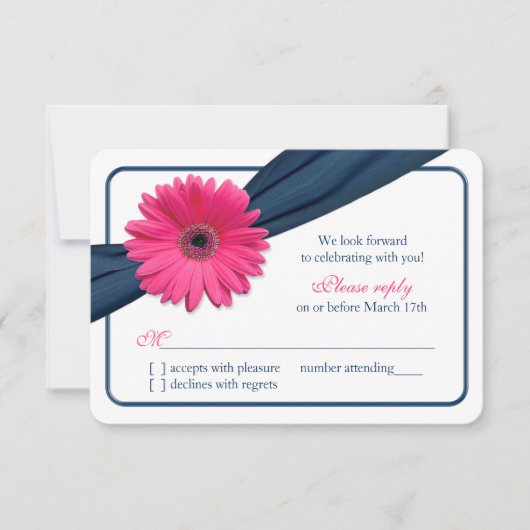 Pink Gerber Daisy Navy Blue Ribbon Wedding RSVP (Vorderseite)