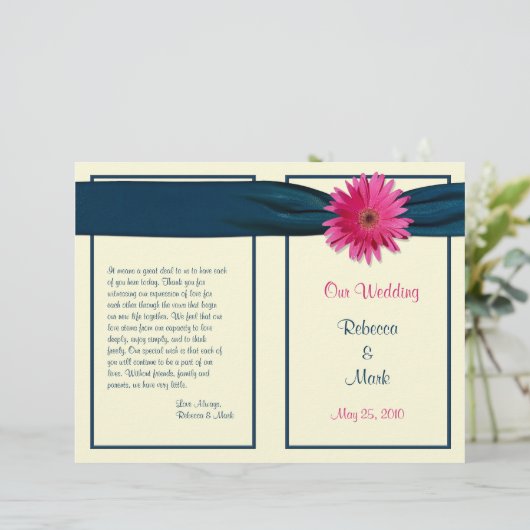 Pink Gerber Daisy Navy Ribbon Wedding Program (Stehend Vorderseite)