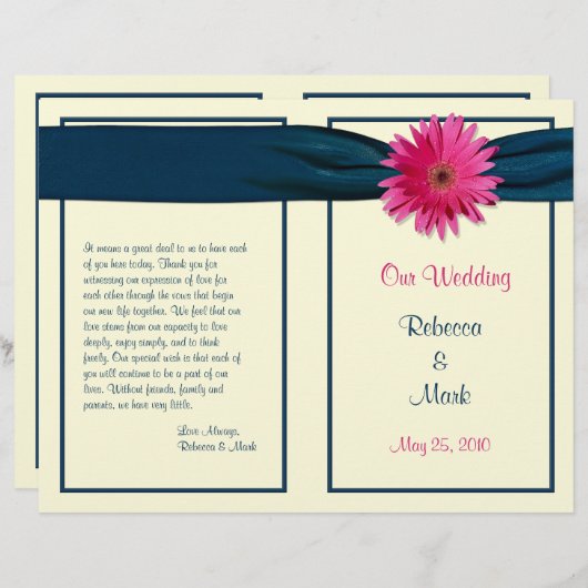 Pink Gerber Daisy Navy Ribbon Wedding Program (Vorne/Hinten)