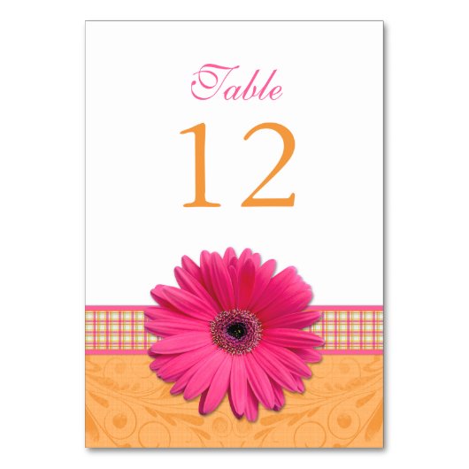 Pink Gerber Daisy Orange Kariert Ribbon Wedding Tischnummer (Vorderseite)