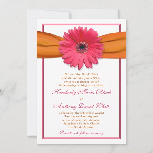Pink Gerber Daisy Orange Ribbon Wedding Einladung (Vorderseite)