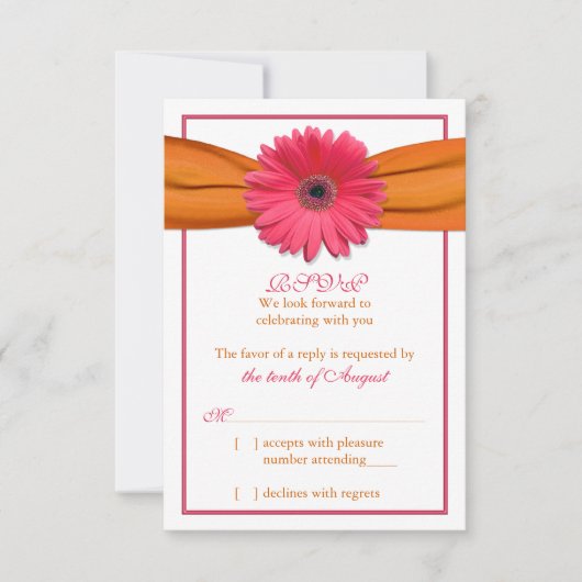 Pink Gerber Daisy Orange Ribbon Wedding RSVP Antwo (Vorderseite)