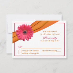Pink Gerber Daisy Orange Ribbon Wedding RSVP Card Karte