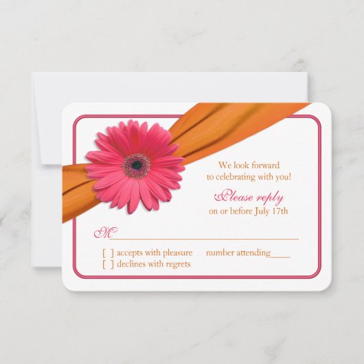 Pink Gerber Daisy Orange Ribbon Wedding RSVP Karte (Vorderseite)
