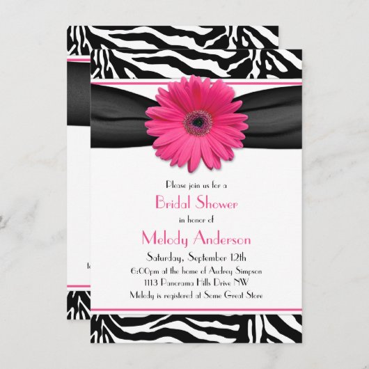 Pink Gerber Daisy Zebra Print Brautparty Einladung (Vorne/Hinten)