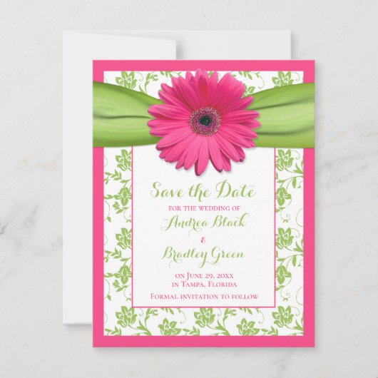 Pink Gerber Green Floral Damask Save the Date Kart (Vorderseite)