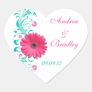 Pink Gerber Turquoise Floral Wedding Umschlag Aufk Herz-Aufkleber