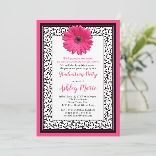 Pink Gerbera Daisy Abschluss Einladung (Stehend Vorderseite)