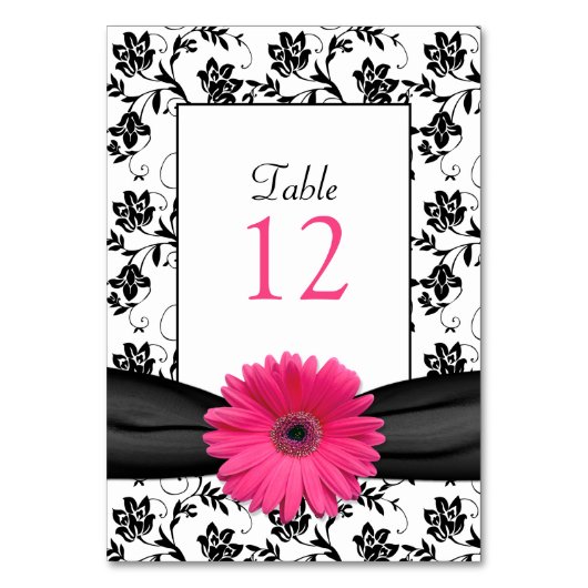 Pink Gerbera Daisy Black Damask Tischnummer Card (Vorderseite)