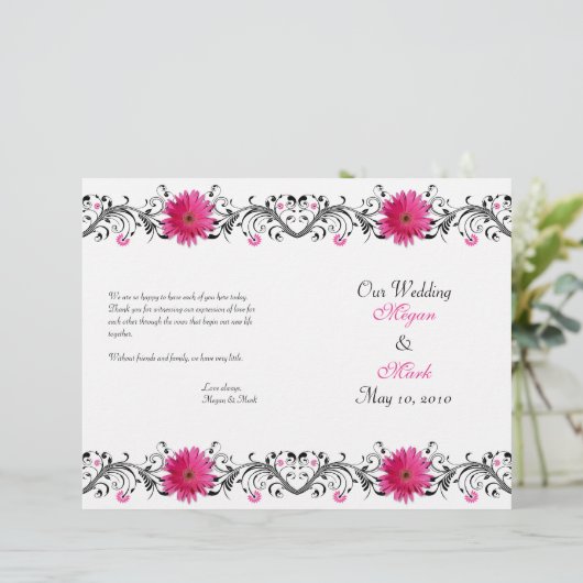 Pink Gerbera Daisy Black Floral Wedding Program (Stehend Vorderseite)