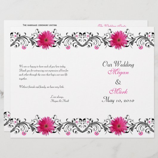 Pink Gerbera Daisy Black Floral Wedding Program (Vorne/Hinten)