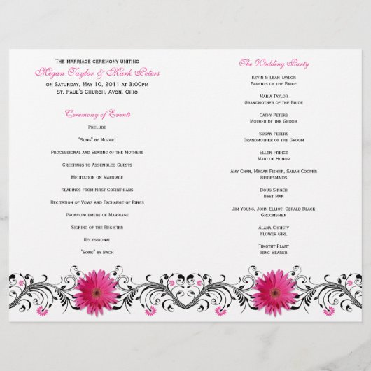Pink Gerbera Daisy Black Floral Wedding Program (Rückseite)