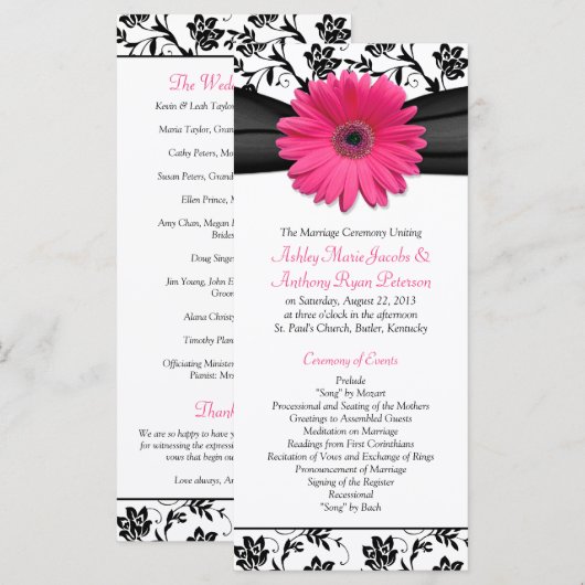 Pink Gerbera Daisy Black Floral Wedding Program Programm (Vorne/Hinten)
