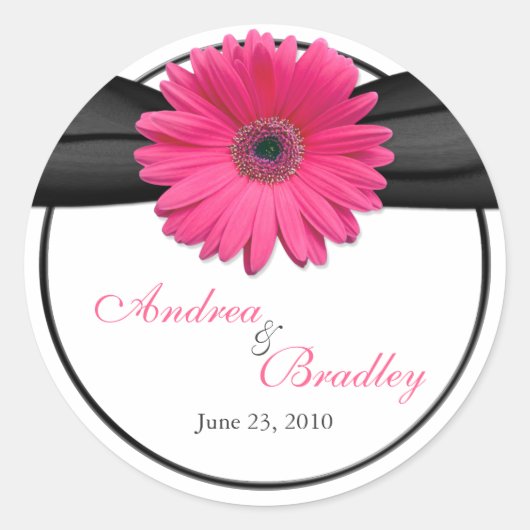 Pink Gerbera Daisy Black Personalisiert Wedding Runder Aufkleber (Vorderseite)