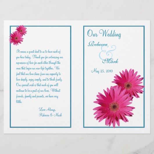 Pink Gerbera Daisy Blue Wedding Program (Vorderseite)