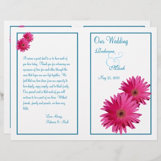 Pink Gerbera Daisy Blue Wedding Program (Vorne/Hinten)