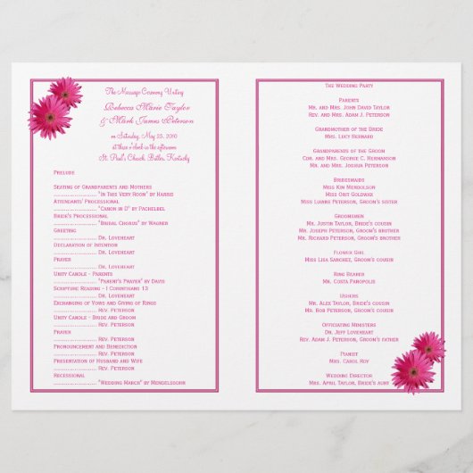 Pink Gerbera Daisy Blume Wedding Program (Rückseite)