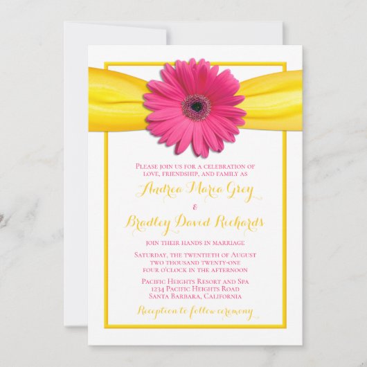 Pink Gerbera Daisy Blume Yellow Ribbon Wedding Einladung (Vorderseite)