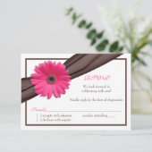 Pink Gerbera Daisy Brown Ribbon Wedding Repcard RSVP Karte (Stehend Vorderseite)