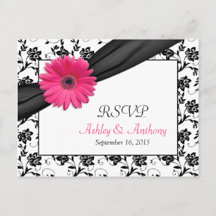 Pink Gerbera Daisy Damask Wedding UAWG Postcard Einladungspostkarte
