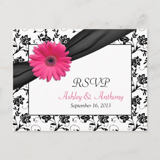 Pink Gerbera Daisy Damask Wedding UAWG Postcard Einladungspostkarte (Vorderseite)