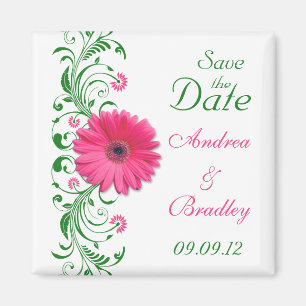 Pink Gerbera Daisy Green Floral Save the Date Magnet