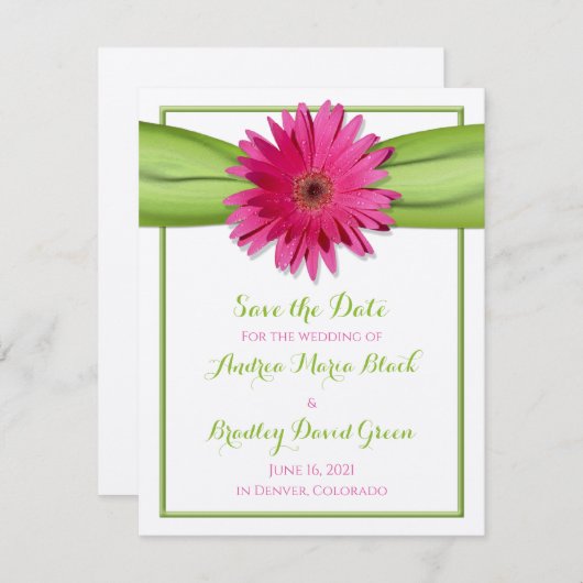 Pink Gerbera Daisy Green Ribbon Save the Date (Vorne/Hinten)