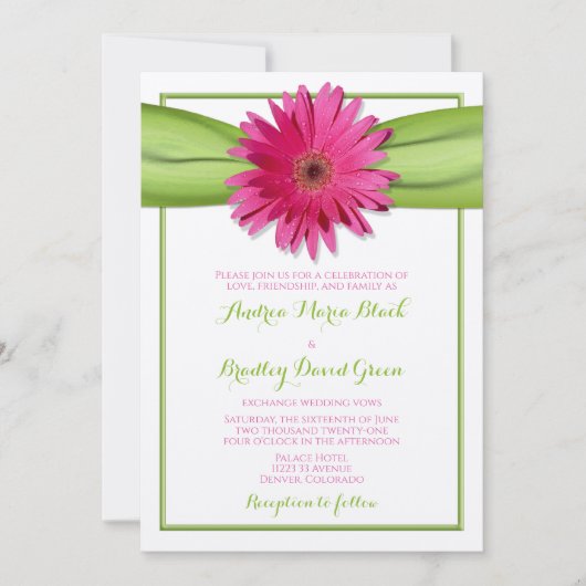 Pink Gerbera Daisy Green Ribbon Wedding Einladung (Vorderseite)