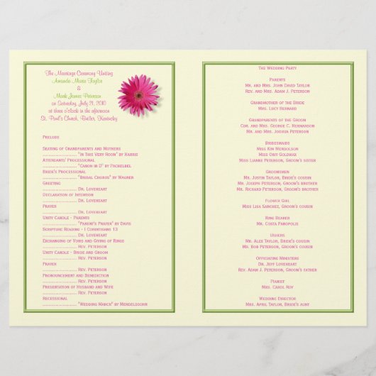 Pink Gerbera Daisy Green Ribbon Wedding Program (Rückseite)
