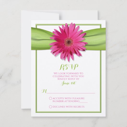 Pink Gerbera Daisy Green Ribbon Wedding RSVP Karte (Vorderseite)