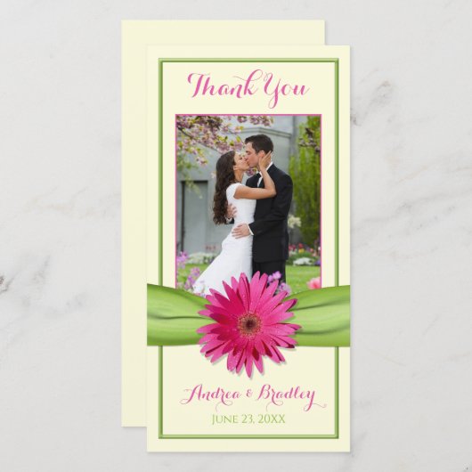 Pink Gerbera Daisy Green Ribbon Wedding Vielen Dan Dankeskarte (Vorne/Hinten)