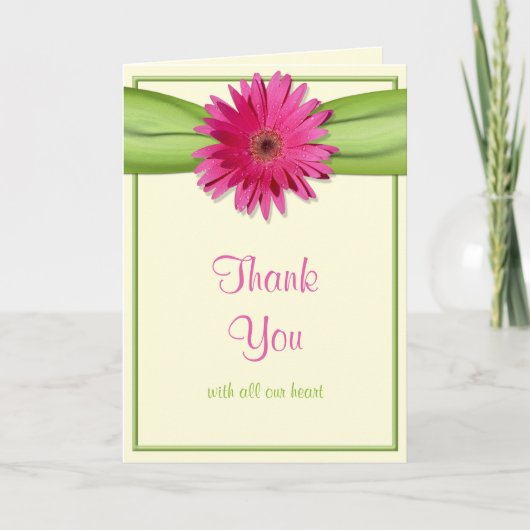 Pink Gerbera Daisy Green Ribbon Wedding Vielen Dan Dankeskarte (Vorderseite)