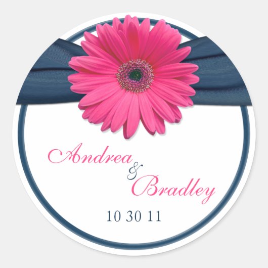 Pink Gerbera Daisy Navy Blue Wedding Runder Aufkleber (Vorderseite)