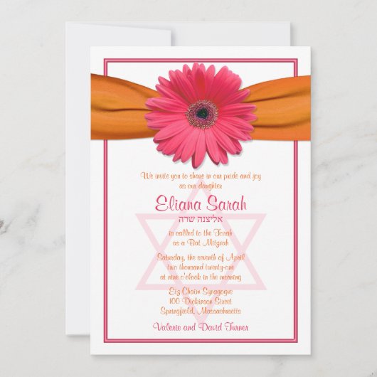 Pink Gerbera Daisy Orange Ribbon Bat Mitzvah Einladung (Vorderseite)