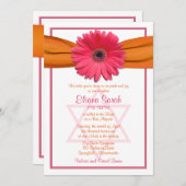 Pink Gerbera Daisy Orange Ribbon Bat Mitzvah Einladung (Vorne/Hinten)