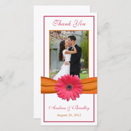Pink Gerbera Daisy Orange Ribbon Wedding Vielen Da Dankeskarte (Vorne/Hinten)