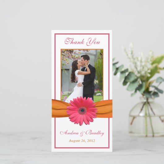 Pink Gerbera Daisy Orange Ribbon Wedding Vielen Da Dankeskarte (Stehend Vorderseite)
