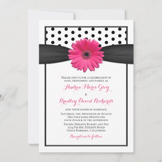 Pink Gerbera Daisy Polka Dot Wedding Einladung (Vorderseite)