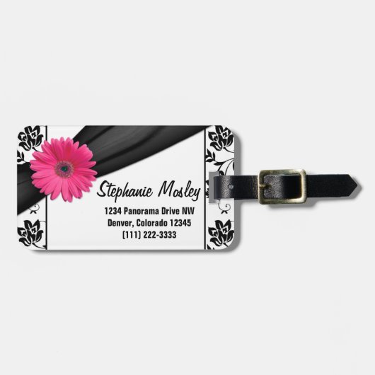Pink Gerbera Daisy Schwarz-weiß Damask Floral Gepäckanhänger (Vorderseite horizontal)