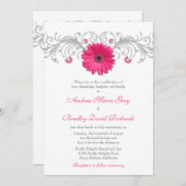 Pink Gerbera Daisy Silver Floral Wedding Einladung (Vorne/Hinten)