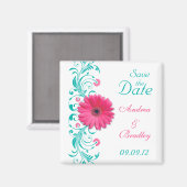 Pink Gerbera Daisy Türkis Floral Save the Date Magnet (Vorderseite/Rückseite)