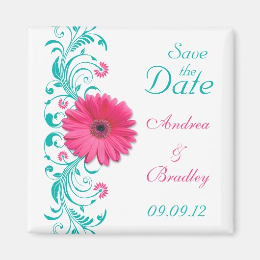 Pink Gerbera Daisy Türkis Floral Save the Date Magnet (Vorne)