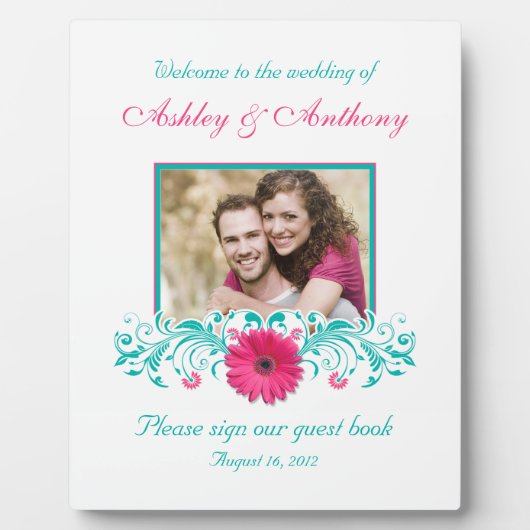 Pink Gerbera Daisy Türkis Floral Wedding Foto Fotoplatte (Vorderseite)