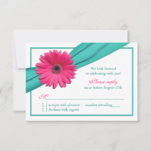 Pink Gerbera Daisy Türkis Ribbon Wedding RSVP Karte