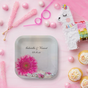 Pink Gerbera Daisy und Buttons Hochzeit Pappteller