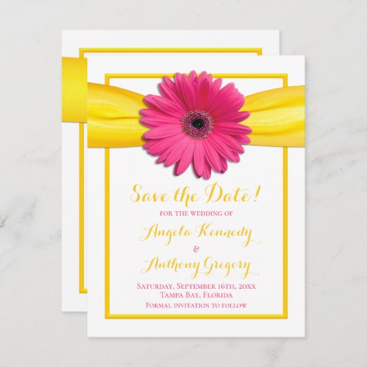 Pink Gerbera Daisy Yellow Ribbon Wedding Save The Date (Vorne/Hinten)
