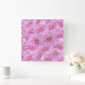 Pink Gerbera Flowers, Square Wall Clock Quadratische Wanduhr (Zuhause)