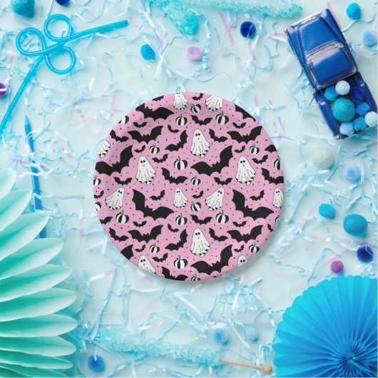 Pink ghost, bats and pumpkins pappteller (Party)